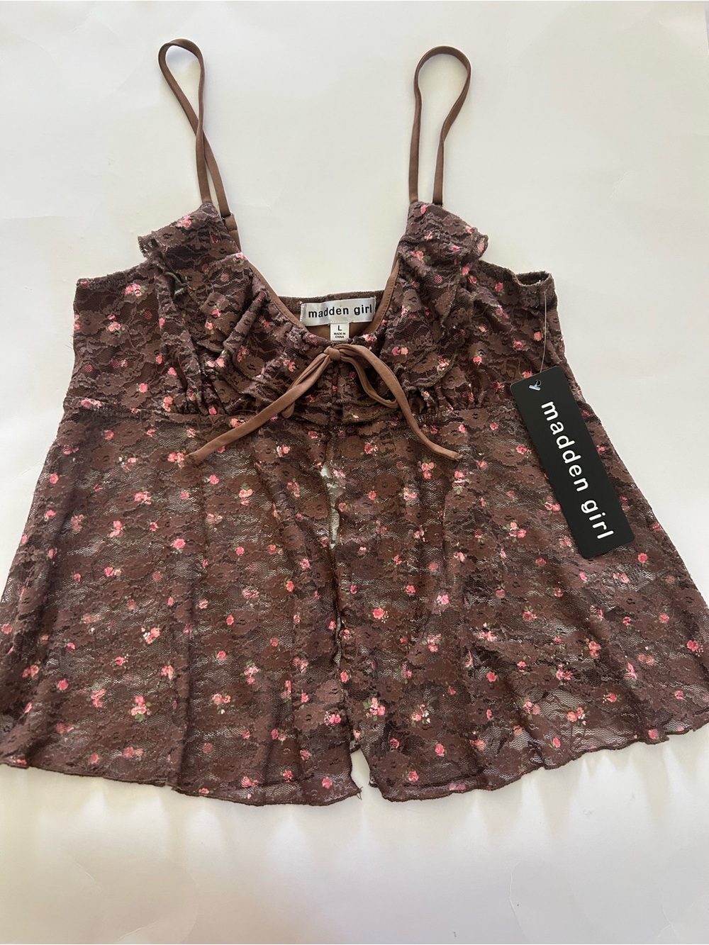 Madden Girl Brown Lace Floral Y2K Coquette Fairycore Camisole with Pink Accents
